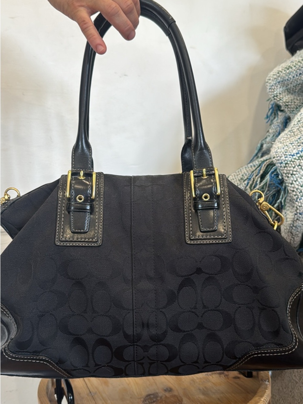 Coach Black Signature Pattern Shoulder Bag with Gold Hardware